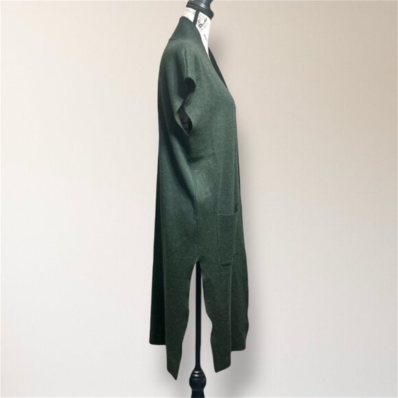 Tahari L Dark Green Knit Sleeveless Duster Cardigan Longline Open Front Pockets - Picture 3 of 6